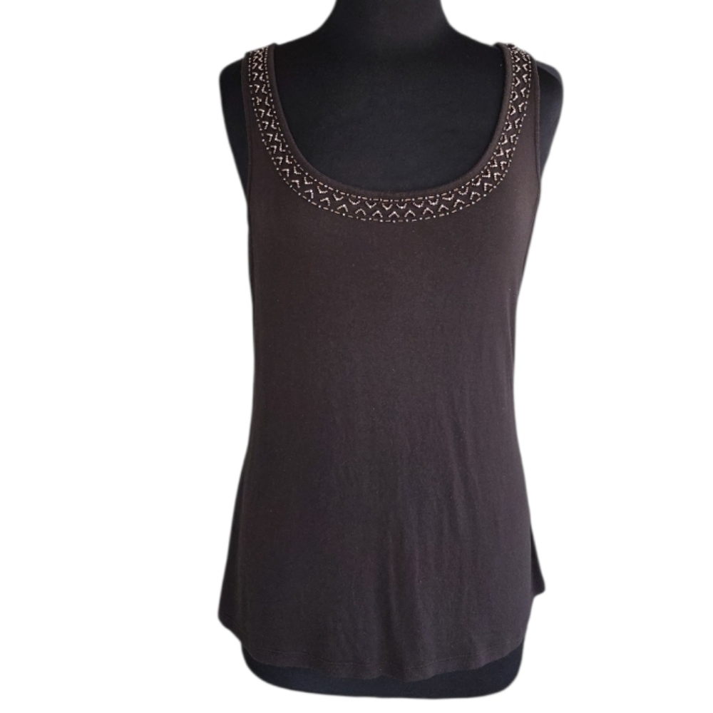 Vintage Beaded Brown Embellished Tank Top Boho 2000s Retro Stretchy Soft